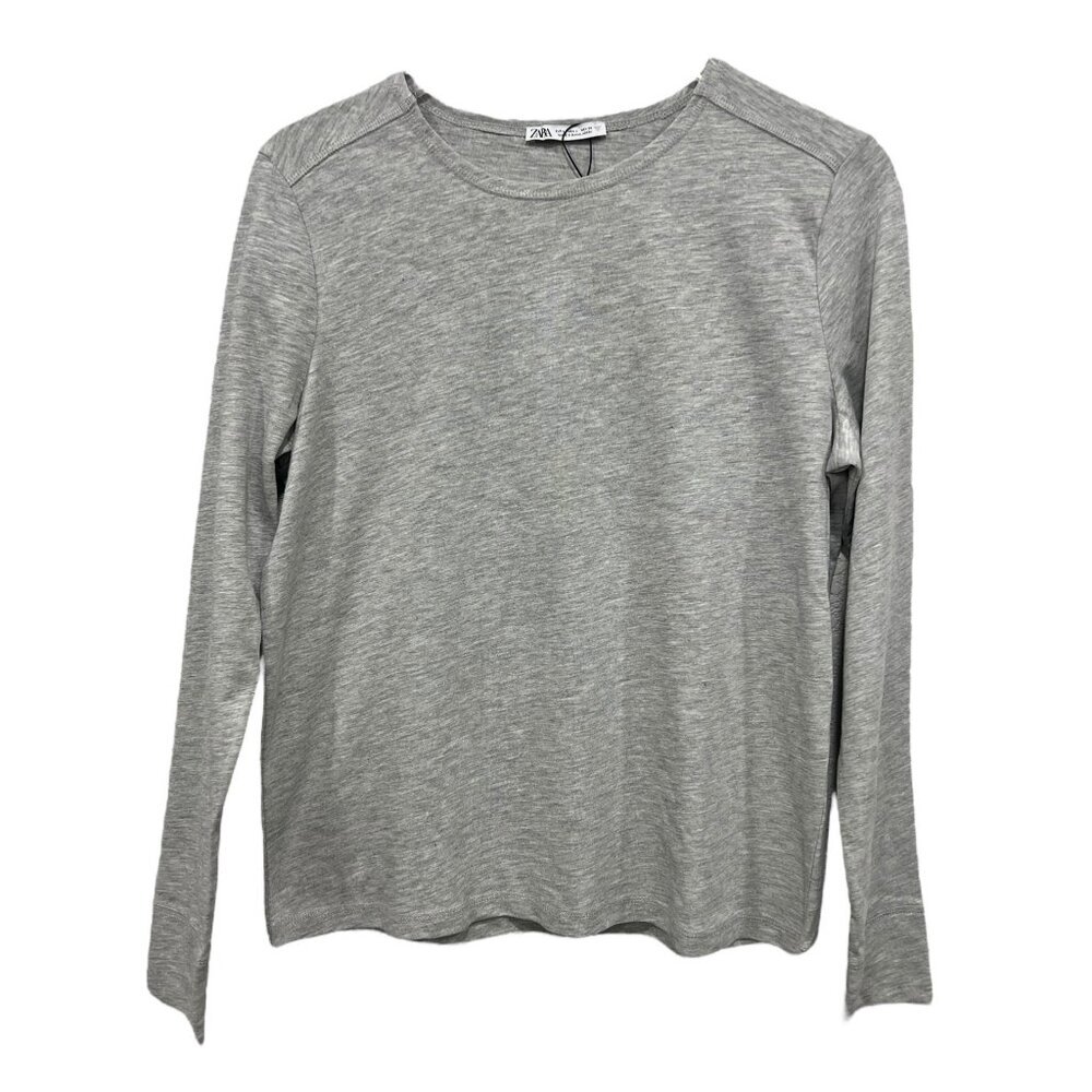 Zara Size L Gray Long Sleeve T-Shirt Tee Top NWT Cotton Viscose Blend Round Neck